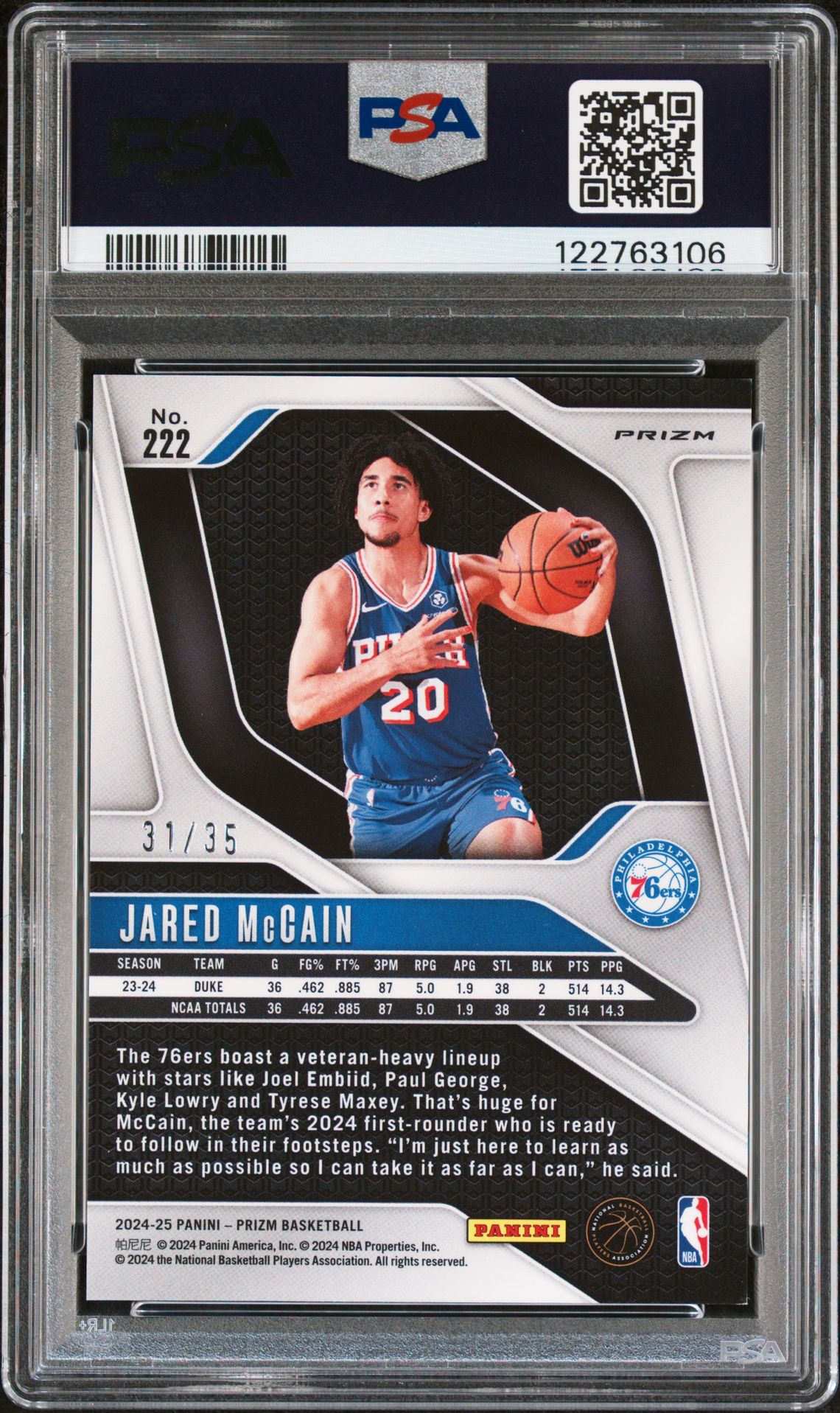 2024 Panini Prizm Jared Mccain #222 (White Ice) Mint 9 back