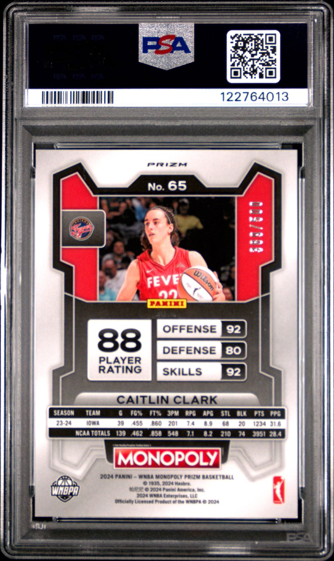 2024 Panini Prizm Monopoly Wnba Caitlin Clark #65 (Gold Millionaire Shimmer) Gem Mt 10 back