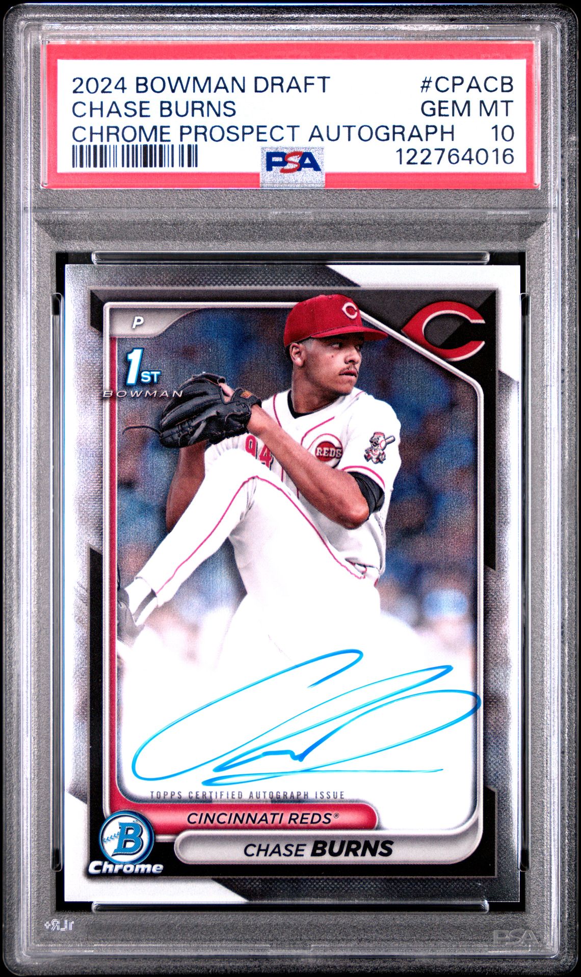 2024 Bowman Draft Chrome Prospect Autographs Chase Burns #Cpacb Gem Mt 10 front