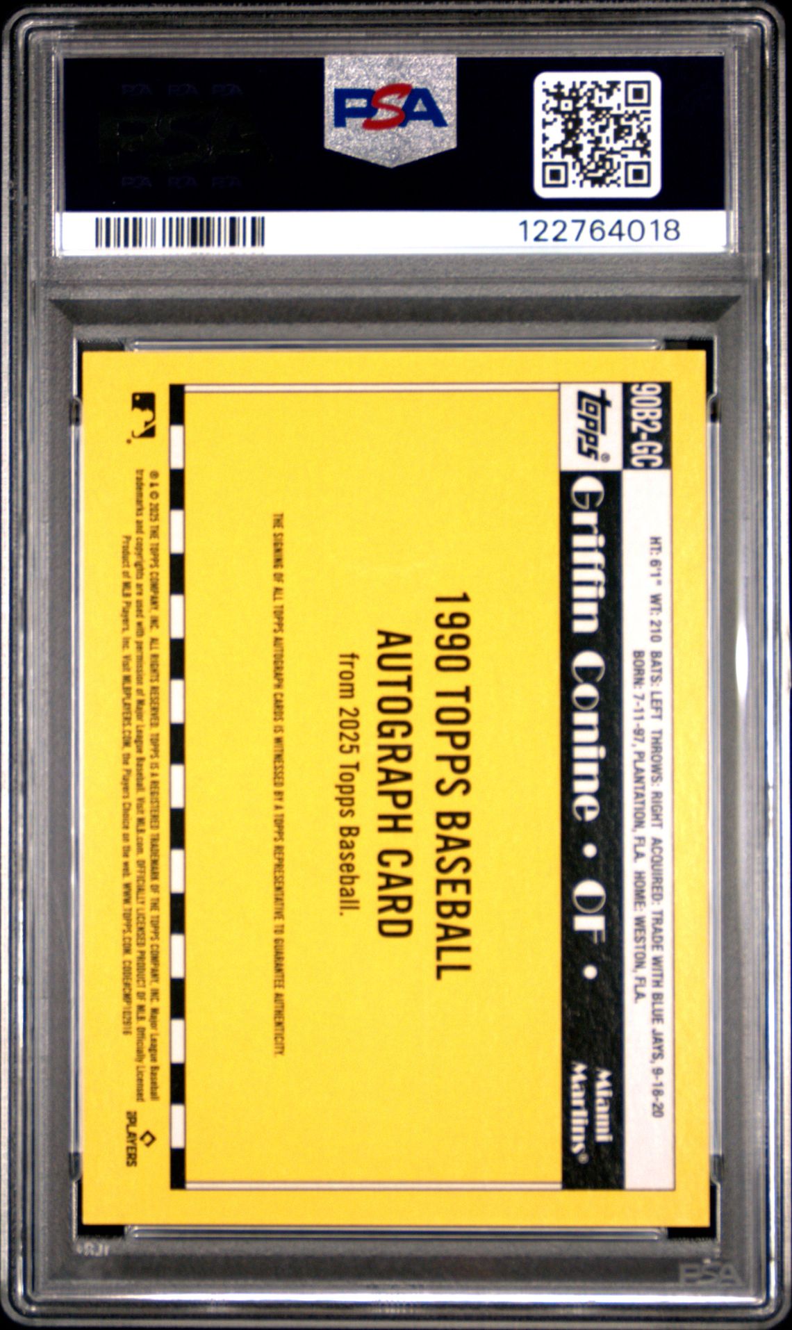 2025 Topps 1990 Topps Baseball Autographs Griffin Conine #90B2Gc (Series 2) Mint 9 back