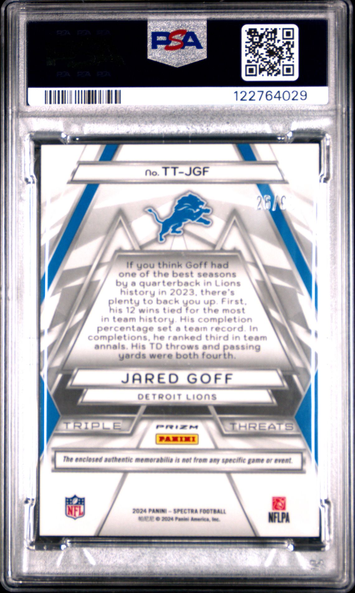 2024 Panini Spectra Triple Threats Relics Jared Goff #Ttjgf Gem Mt 10 back