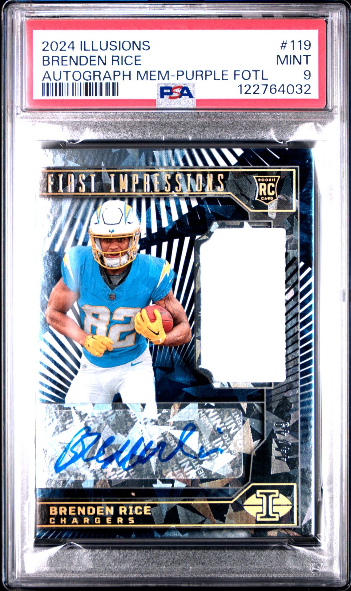 2024 Panini Illusions Brenden Rice #119 (Autograph Mem-Purple Fotl) Mint 9 front