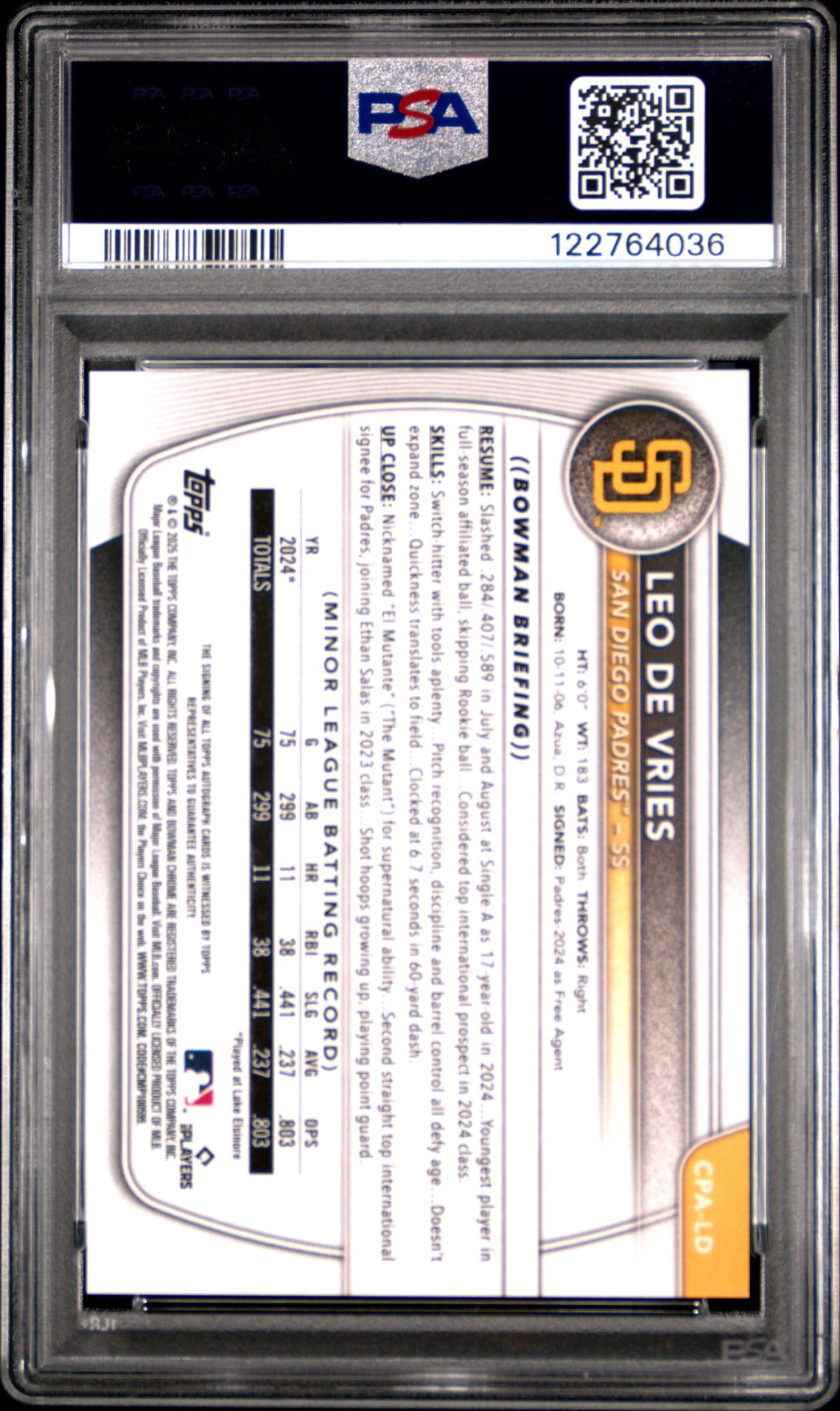 2025 Bowman Chrome Prospect Autographs Leo De Vries #Cpald (Chr Pros Au-Hta Choice Ref) Gem Mt 10 back