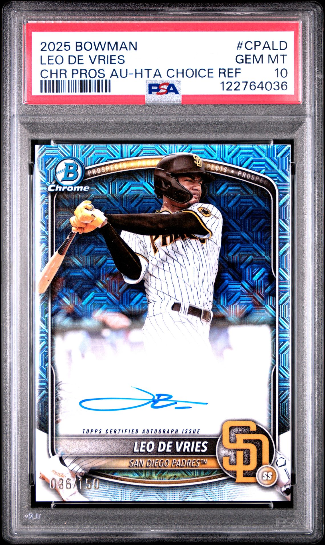 2025 Bowman Chrome Prospect Autographs Leo De Vries #Cpald (Chr Pros Au-Hta Choice Ref) Gem Mt 10 front
