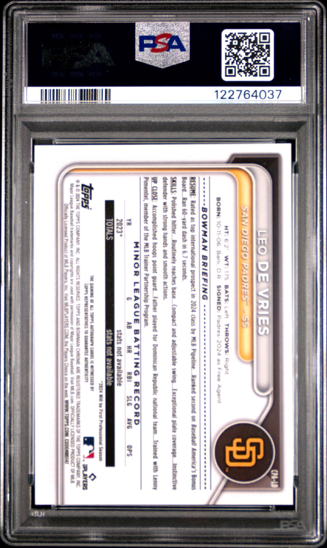 2024 Bowman Chrome Prospect Autographs Leo De Vries #Cpald (Chrome Prospect Autograph) Gem Mt 10 back