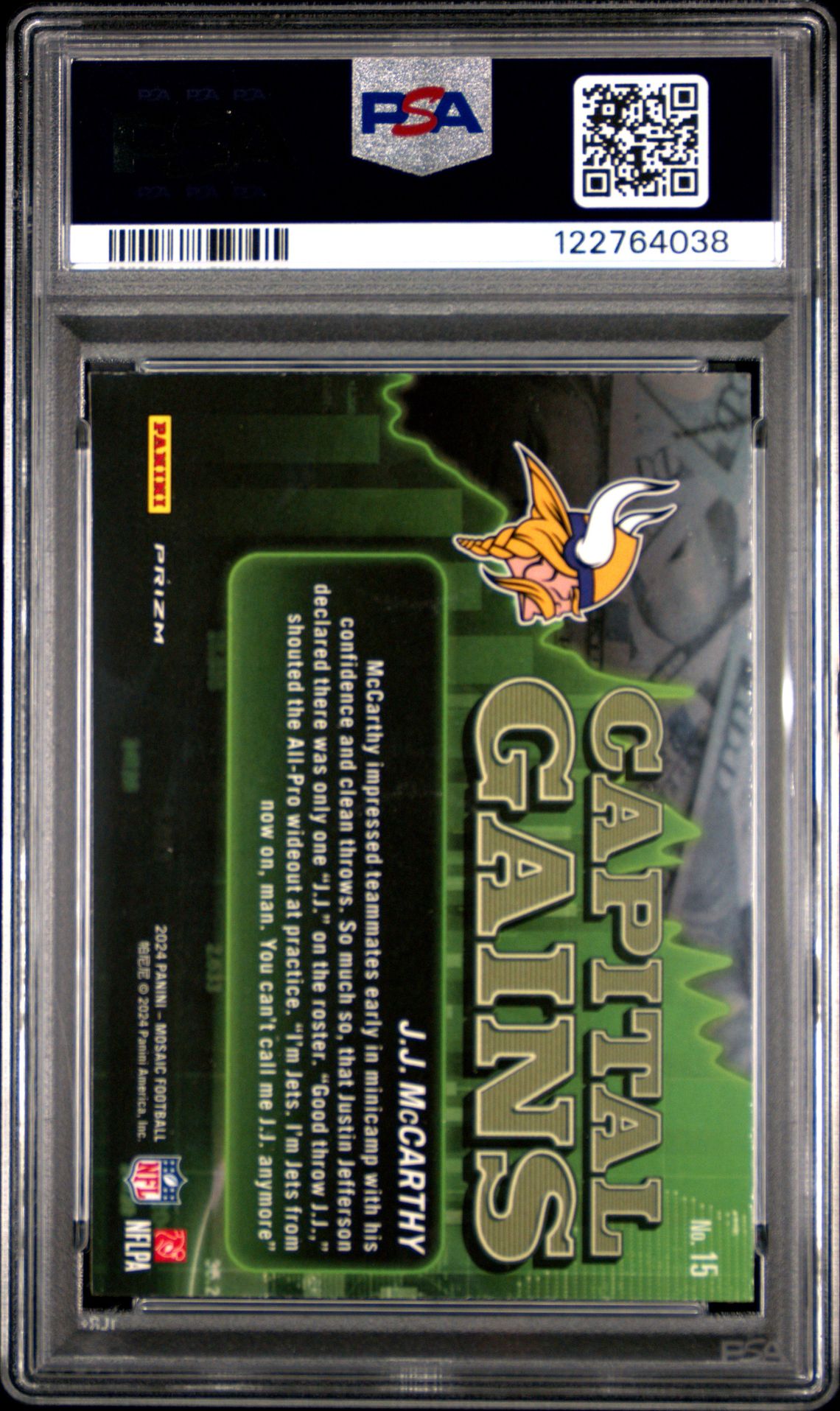 2024 Panini Mosaic Capital Gains Jj Mccarthy #15 Gem Mt 10 back