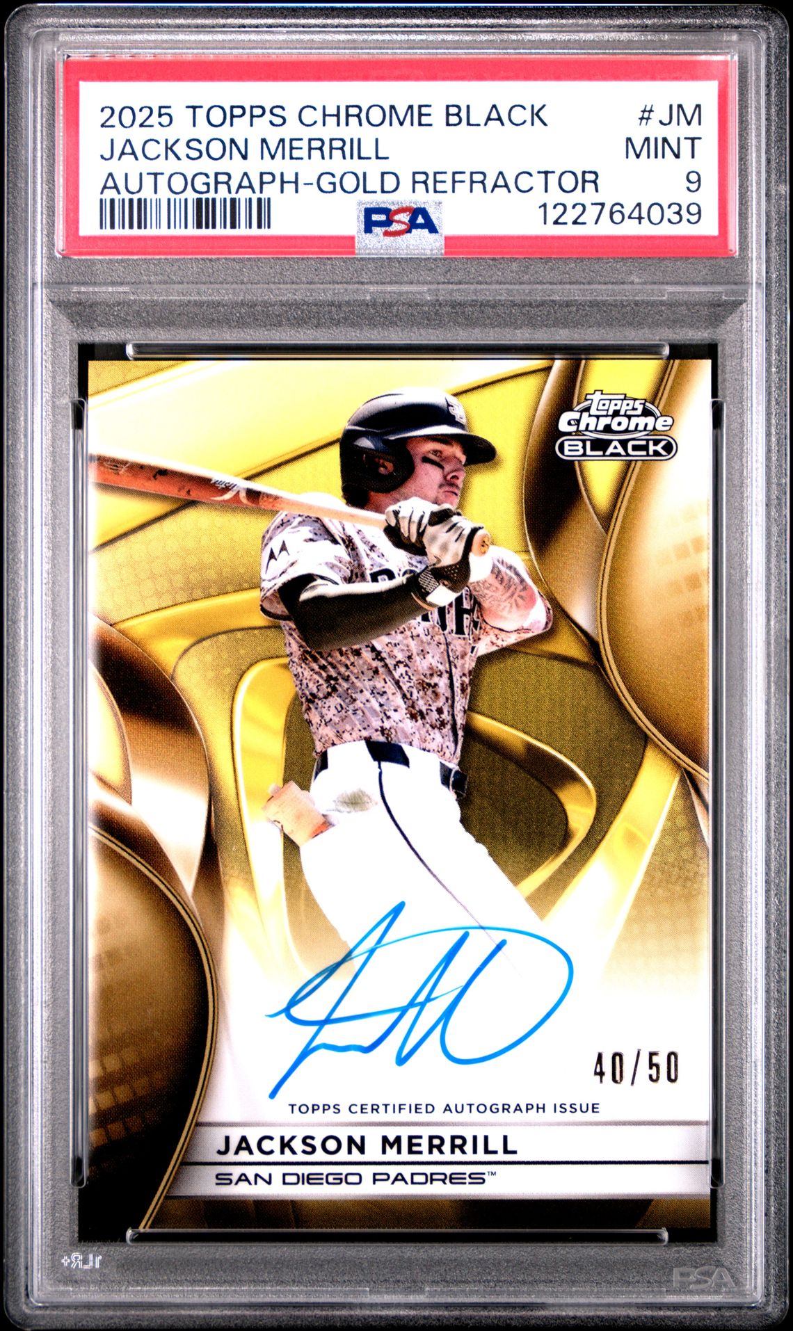 2025 Topps Chrome Black Autographs Jackson Merrill #Jm (Autograph-Gold Refractor) Mint 9 front