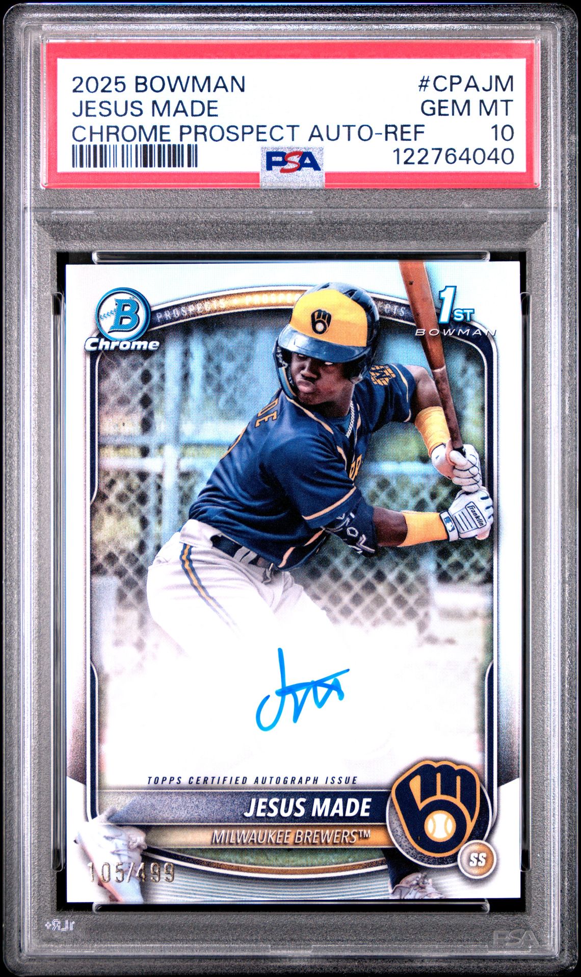 2025 Bowman Chrome Prospect Autographs Jesus Made #Cpajm (Chrome Prospect Auto-Ref) Gem Mt 10 front