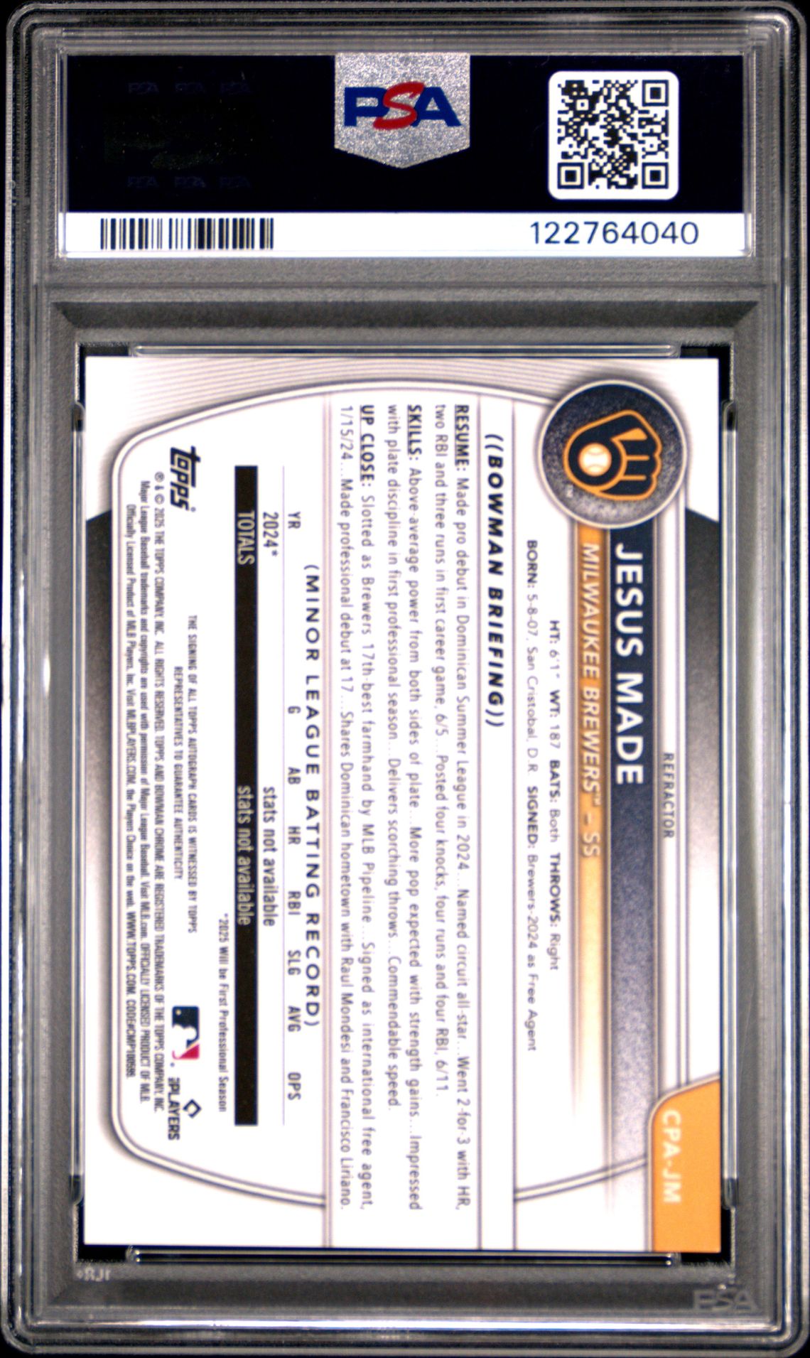 2025 Bowman Chrome Prospect Autographs Jesus Made #Cpajm (Chrome Prospect Auto-Ref) Gem Mt 10 back