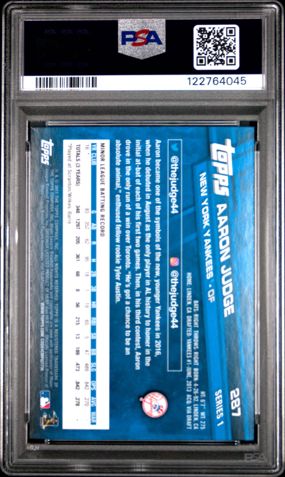 2017 Topps Aaron Judge #287 Mint 9 back