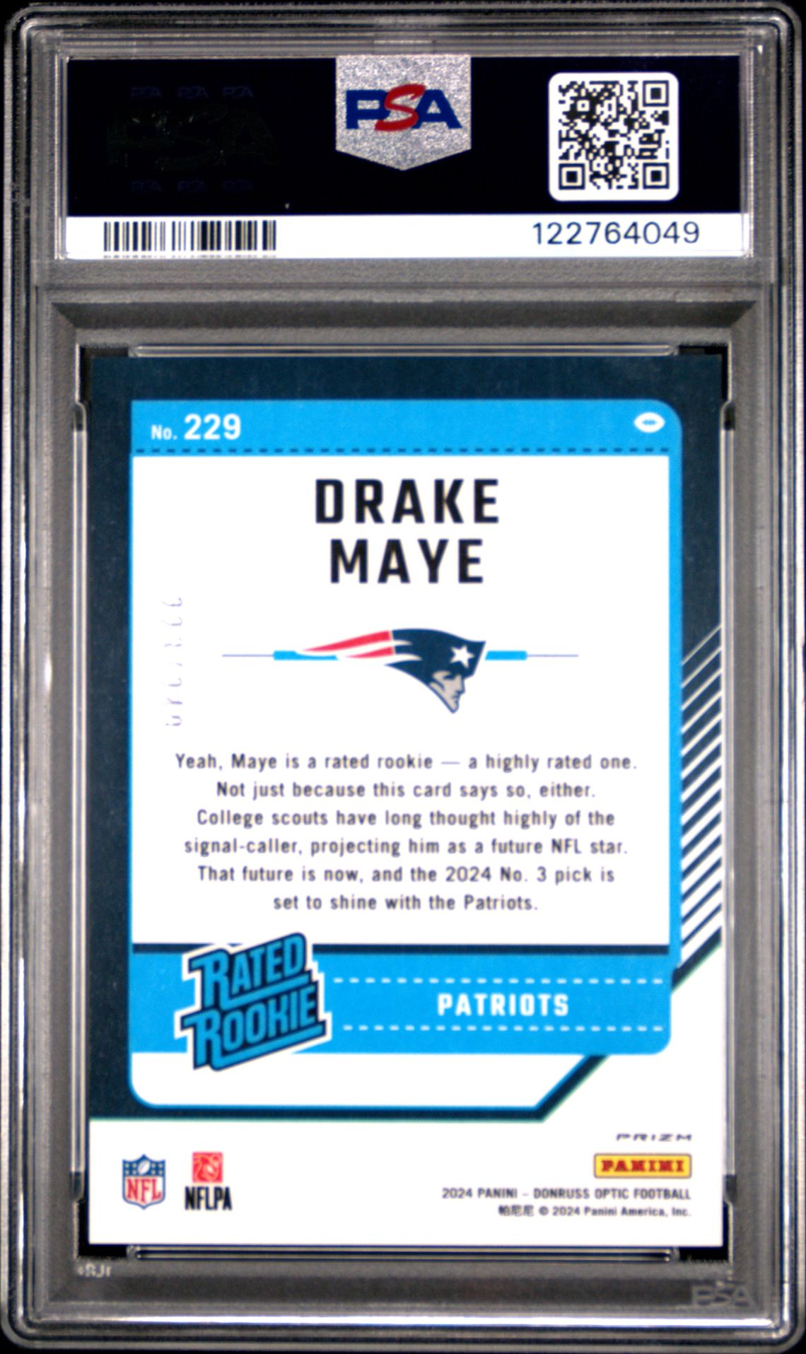 2024 Panini Donruss Optic Drake Maye #229 (Orange) Gem Mt 10 back