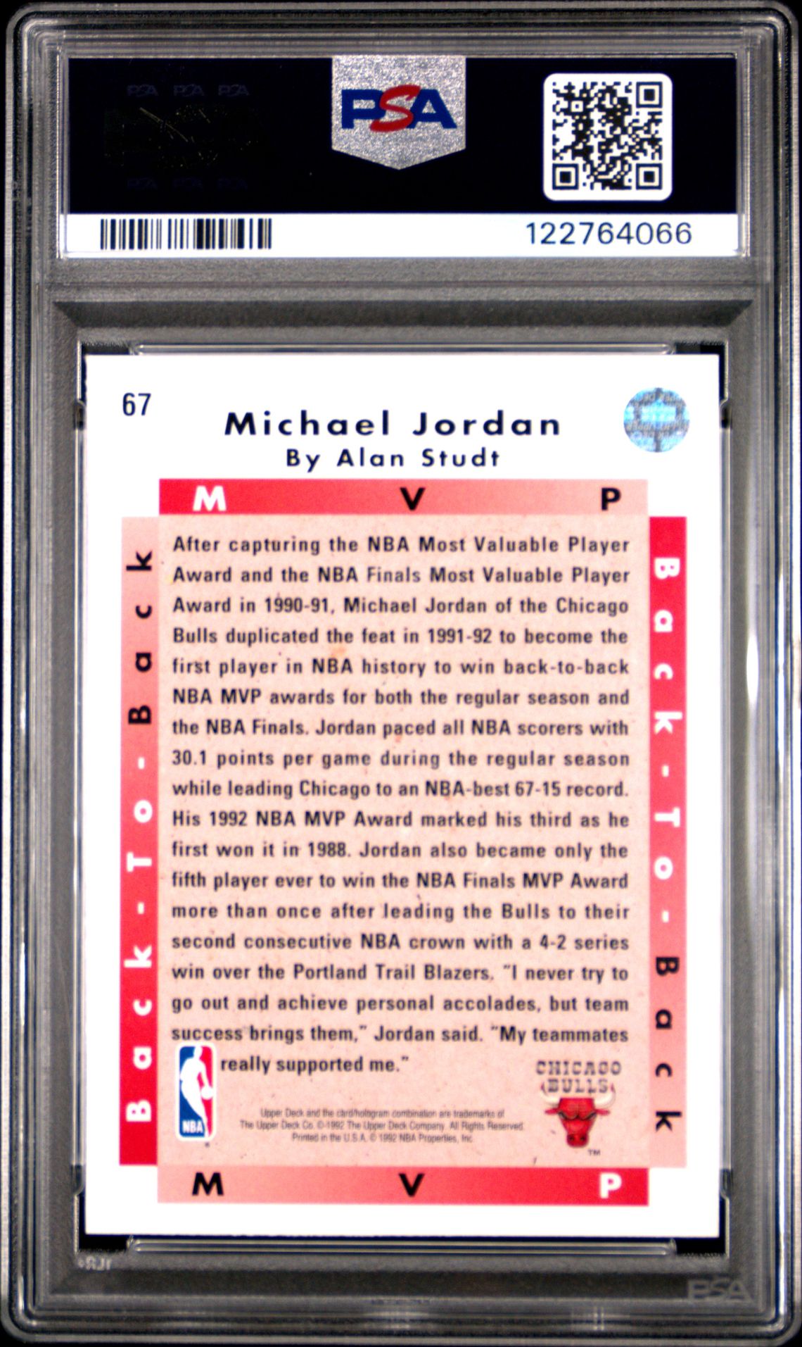 1992 Upper Deck Michael Jordan #67 (Mvp) Gem Mt 10 back