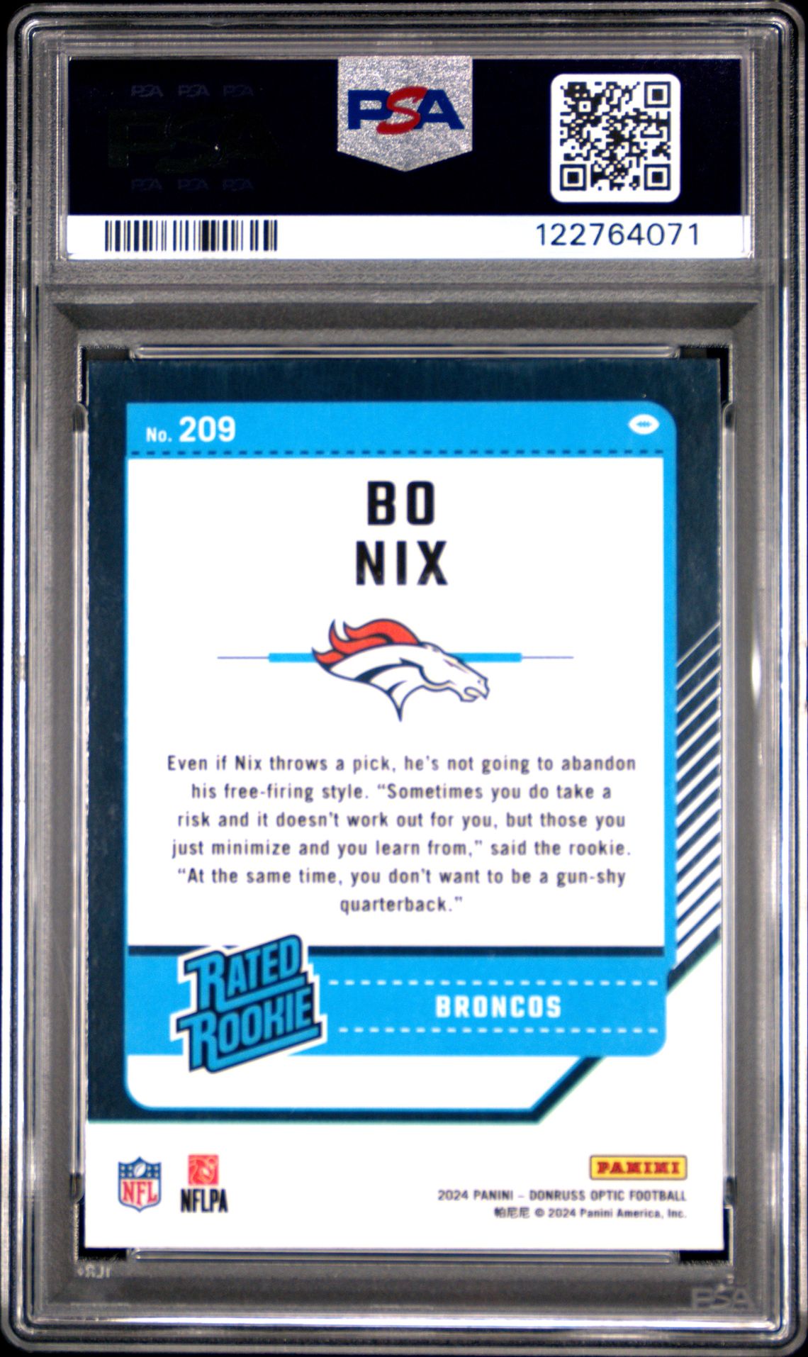 2024 Panini Donruss Optic Bo Nix #209 Gem Mt 10 back