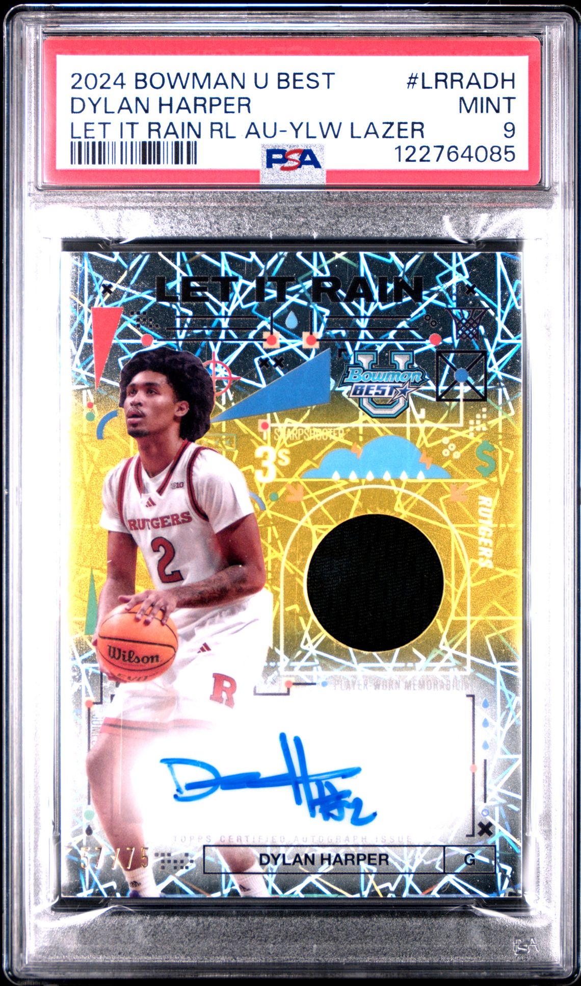 2024 Bowman University Best Let It Rain Relic Autographs Dylan Harper #Lrradh (Let It Rain Rl Au-Ylw Lazer) Mint 9 front