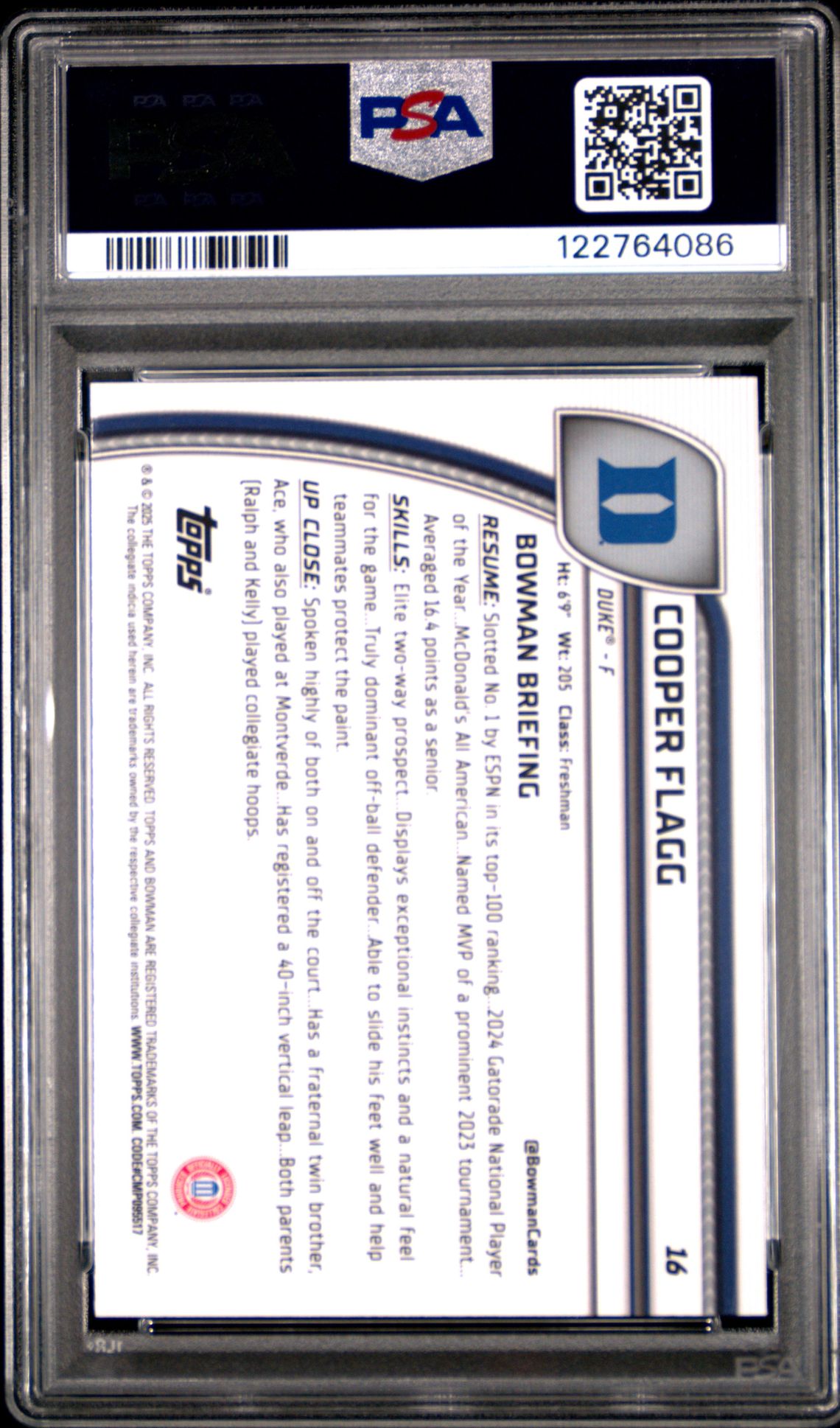 2024 Bowman Chrome University Cooper Flagg #16 (Black Wave) Gem Mt 10 back