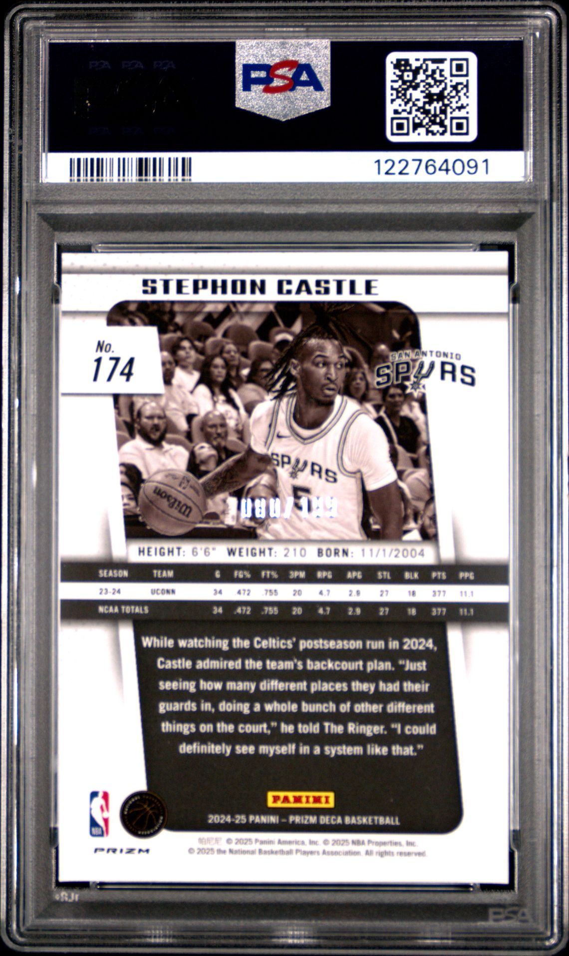 2024 Panini Prizm Deca Stephon Castle #174 (Red Prizm) Gem Mt 10 back