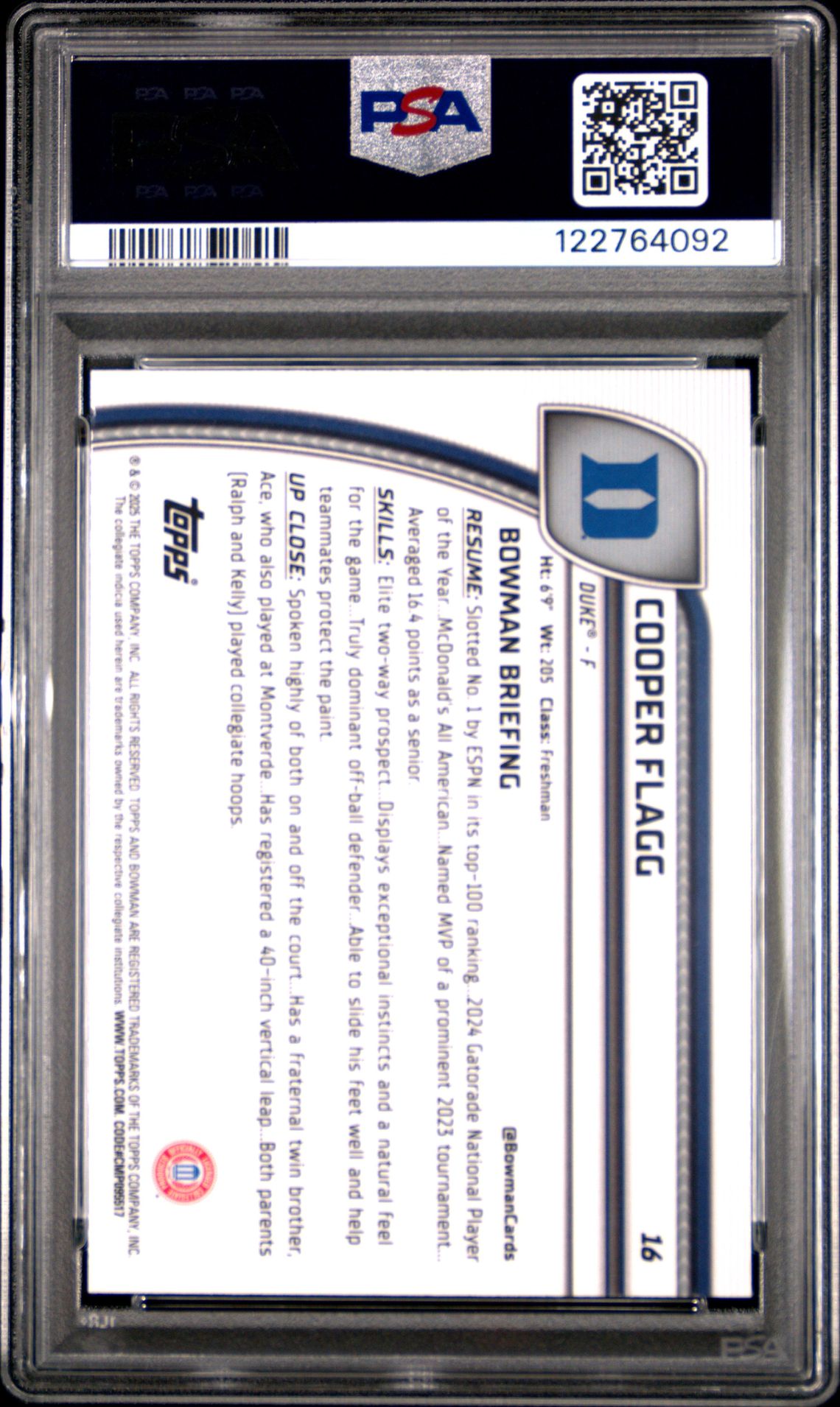 2024 Bowman Chrome University Cooper Flagg #16 (Purple Lava) Gem Mt 10 back