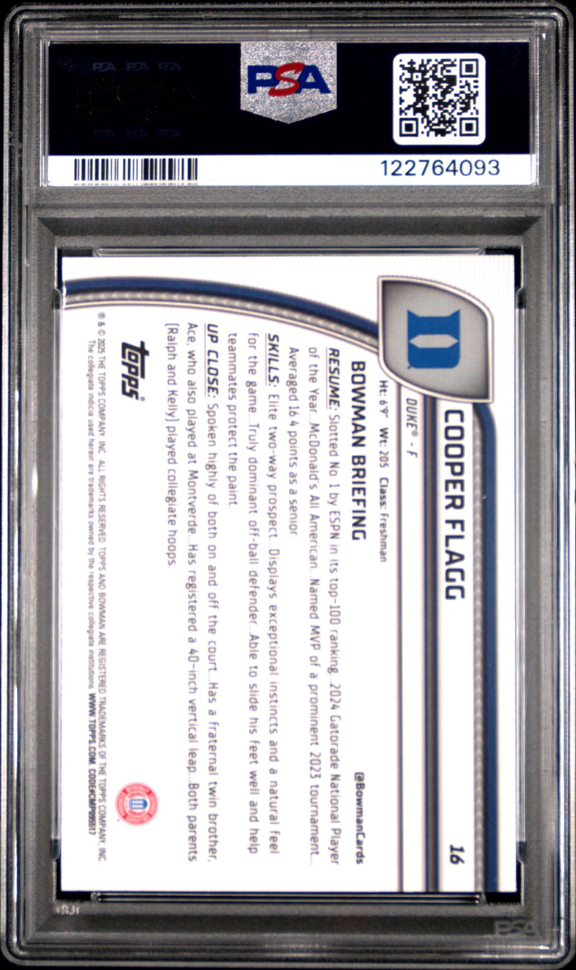 2024 Bowman Chrome University Cooper Flagg #16 (Sky Blue Refractor) Gem Mt 10 back