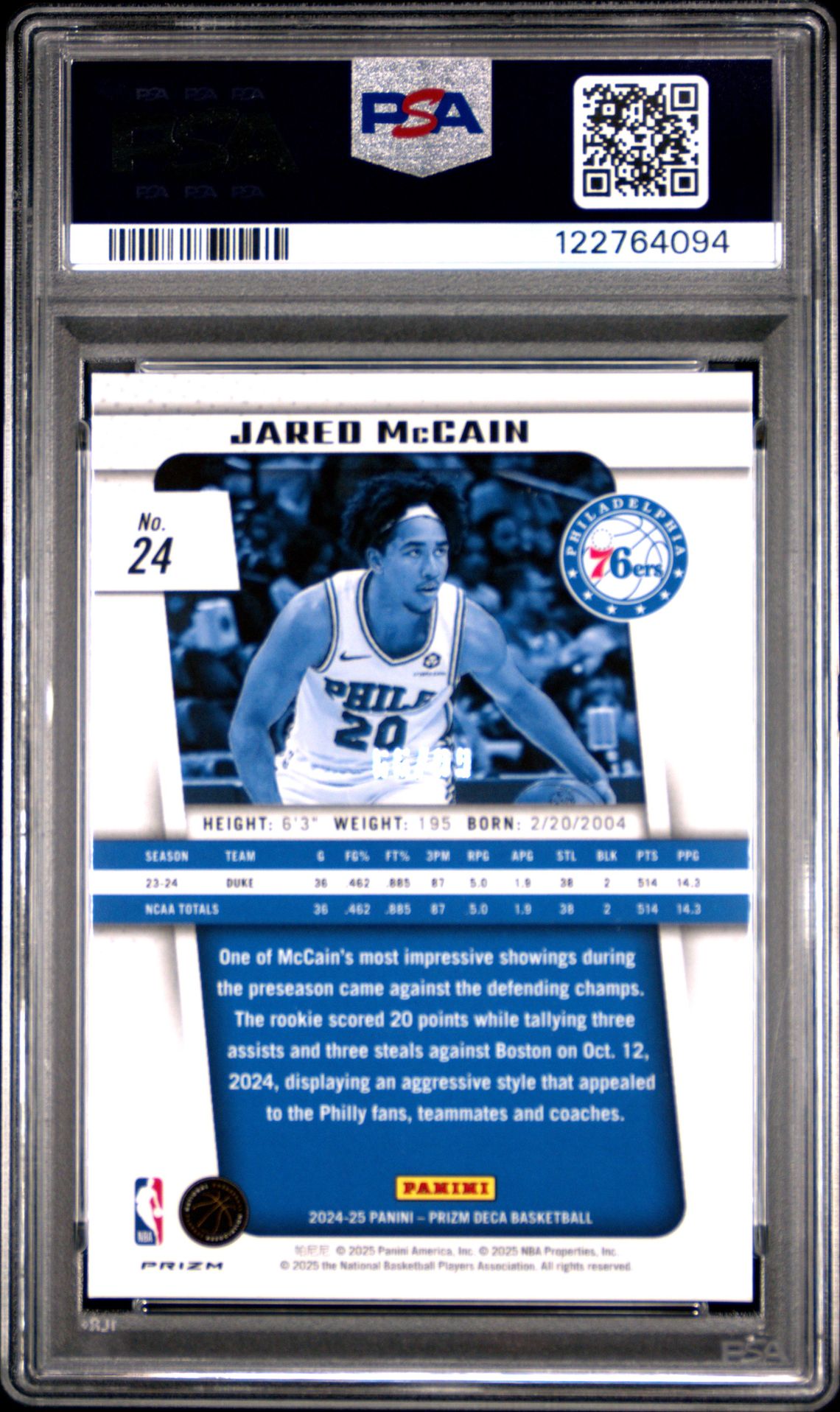 2024 Panini Prizm Deca Jared Mccain #24 (Purple Prizm) Mint 9 back