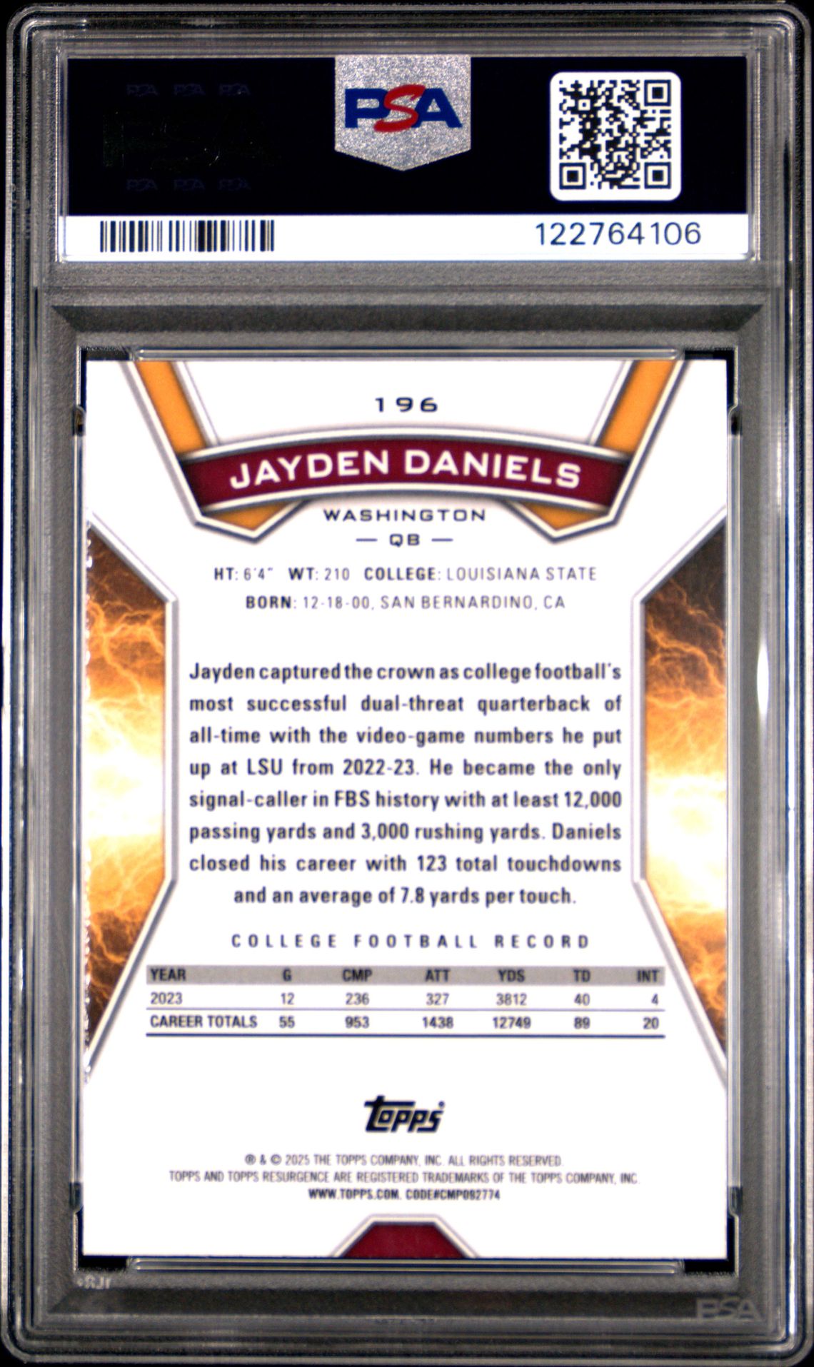2024 Topps Resurgence Jayden Daniels #196 (Blue Surge) Gem Mt 10 back