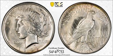 1921 $1 High Relief, Peace MS63