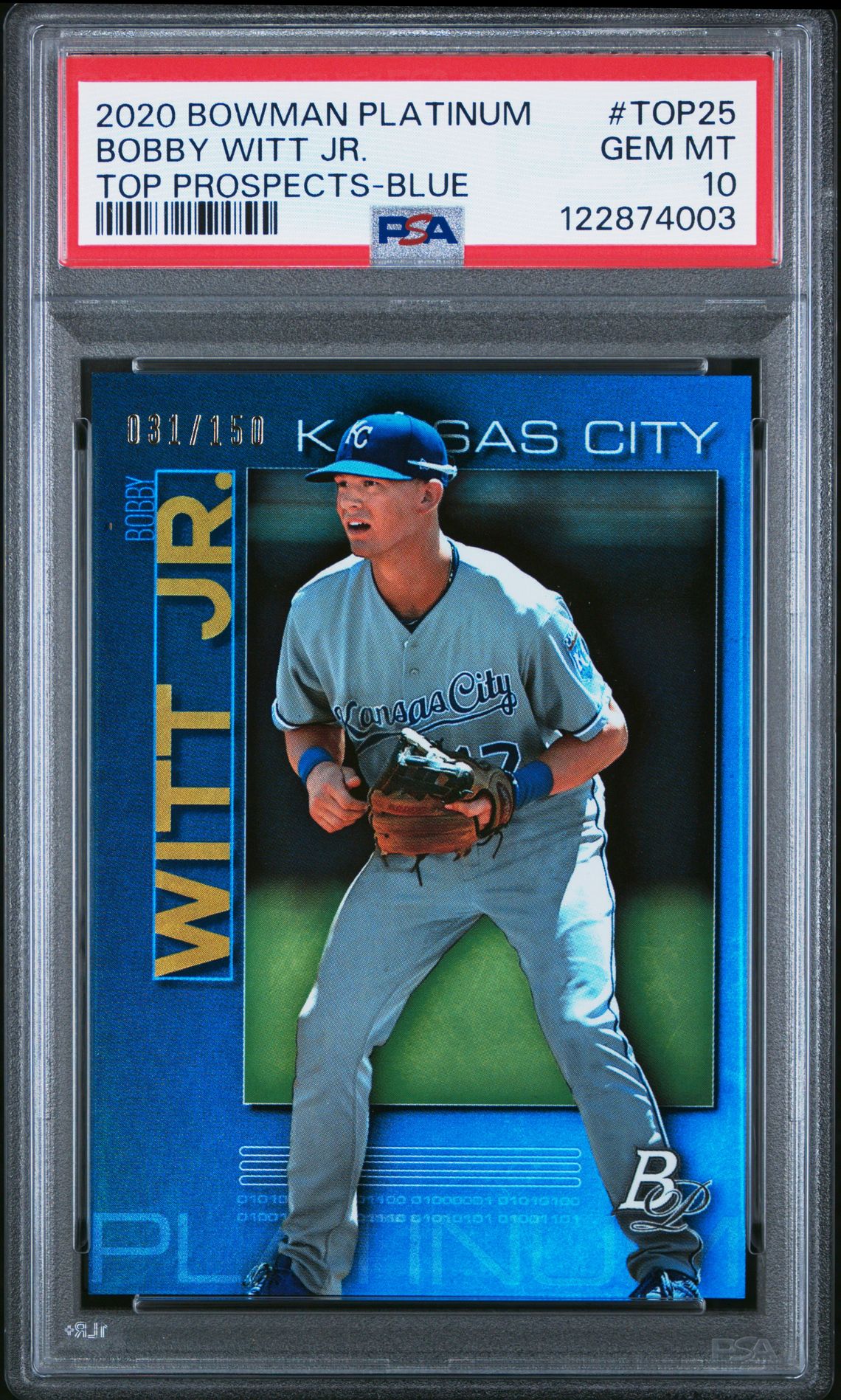 2020 Bowman BOWMAN PLATINUM TOP PROSPECTS BLUE #TOP25 Bobby Witt Jr. front