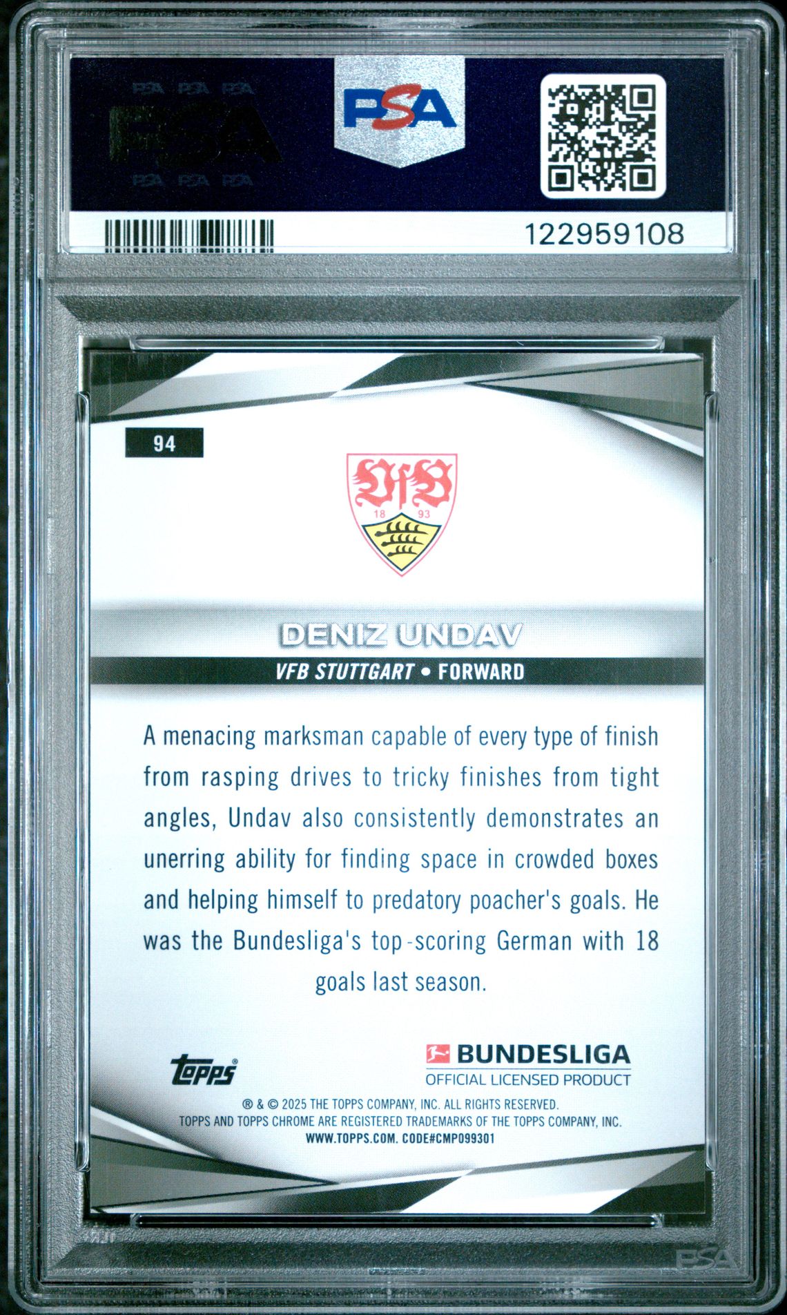 2024-25 Topps Chrome Bundesliga Deniz Undav #94 (Gold Refractor) Gem Mt 10 back