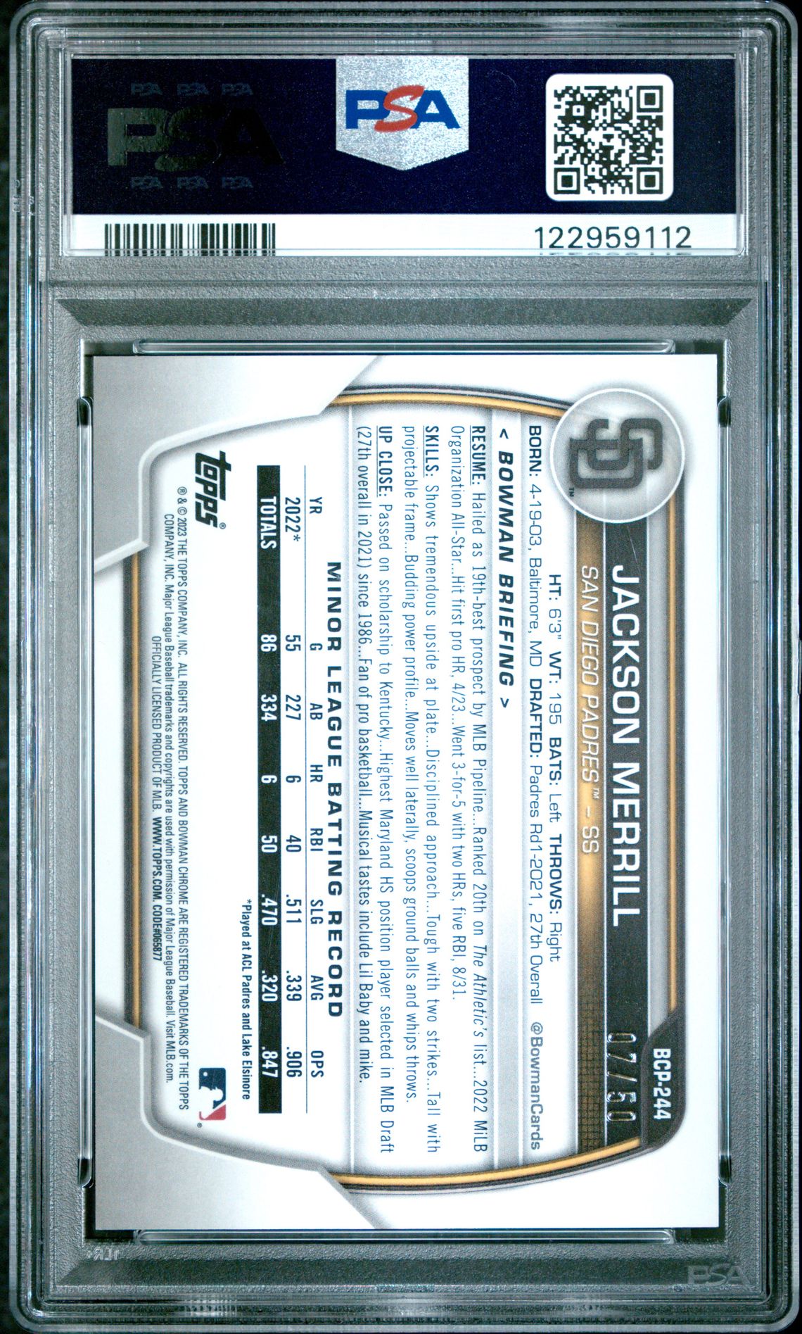 2023 Bowman Chrome Prospects Jackson Merrill #Bcp244 (Prospects-Gold Shimmer) Nm-Mt 8 back