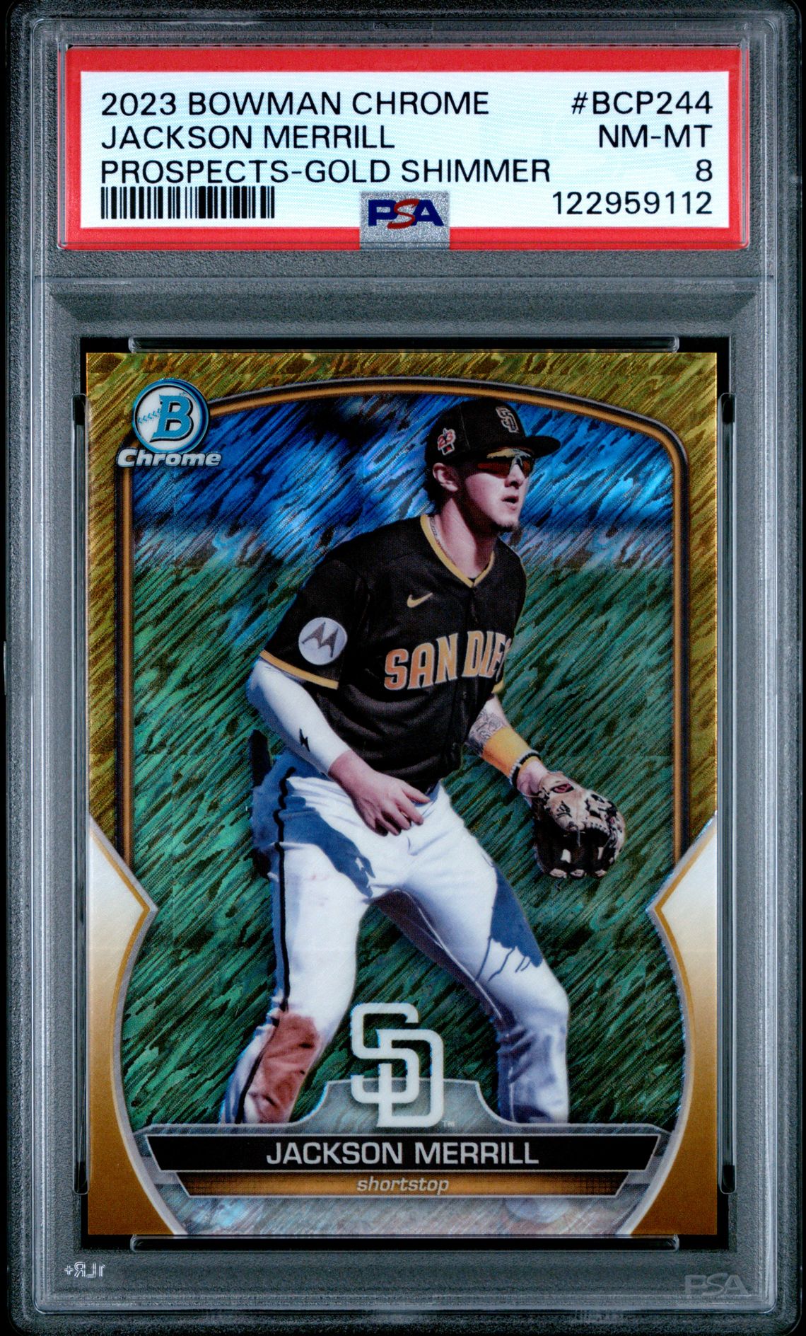 2023 Bowman Chrome Prospects Jackson Merrill #Bcp244 (Prospects-Gold Shimmer) Nm-Mt 8 front