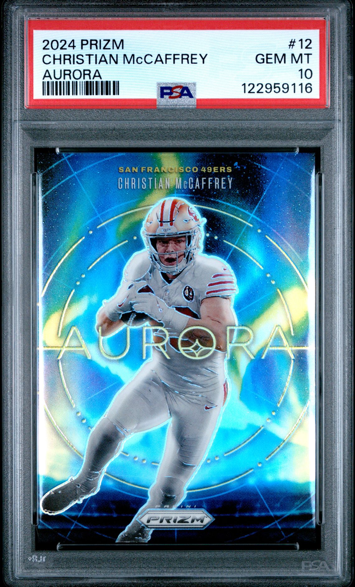 2024 Panini Prizm Aurora Christian Mccaffrey #12 Gem Mt 10 front