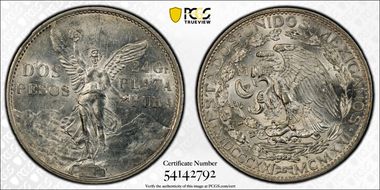 1921-Mo 2 Peso Centennial, 9 Tail F. KM-462  Ag MS61