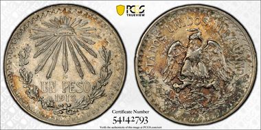 1918/'7'-M Peso KM-454 AU58