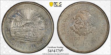 1950-Mo 5 Peso Southeastern Railroad KM-466  Ag MS65