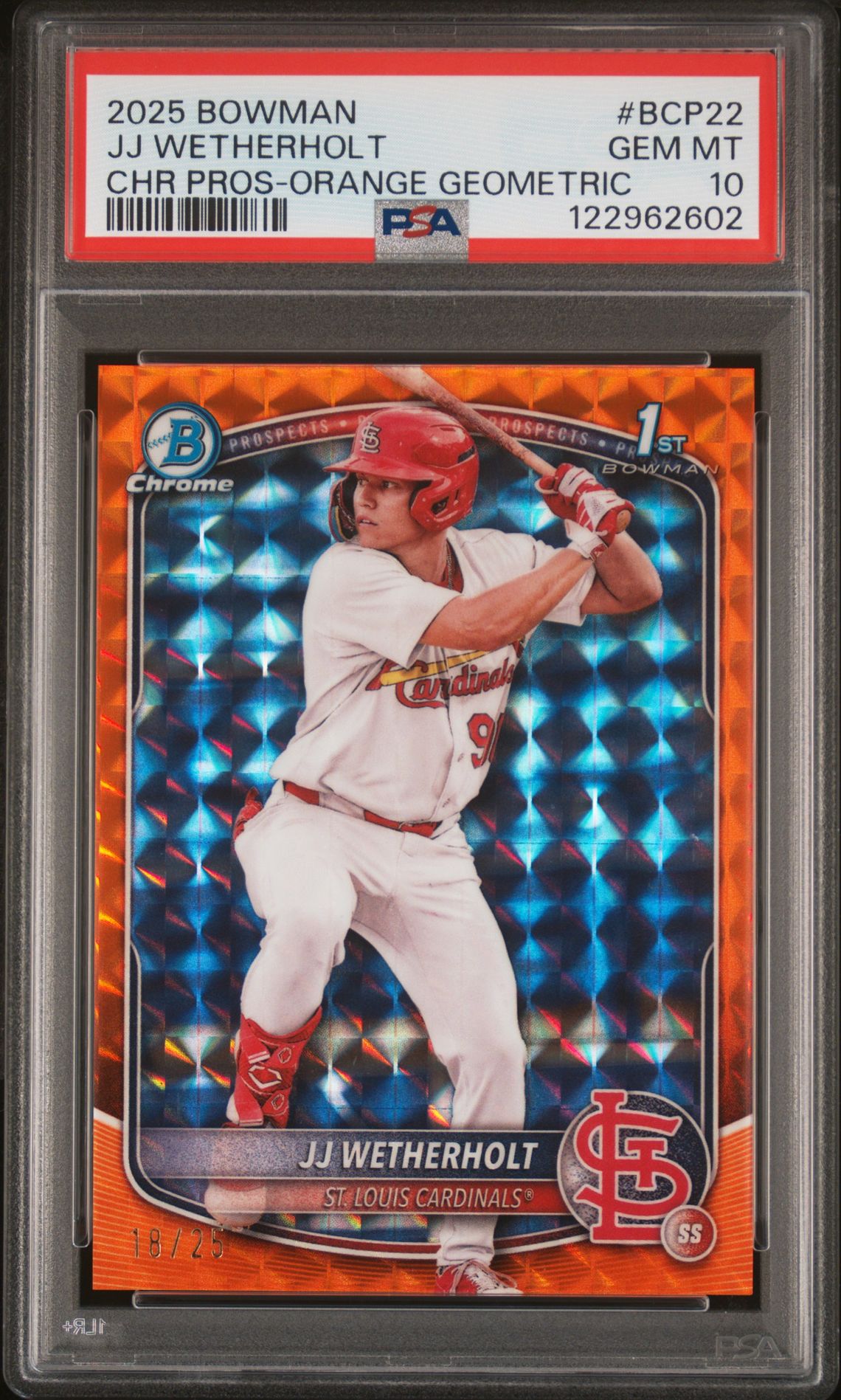 2025 Bowman BOWMAN CHROME PROSPECTS CHR PROS-ORANGE GEOMETRIC #BCP22 Jj Wetherholt front