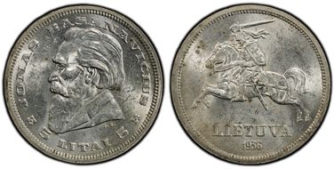 1936 5 Litai Jonas Basanavičius ↑↑ KM-82  Ag MS61