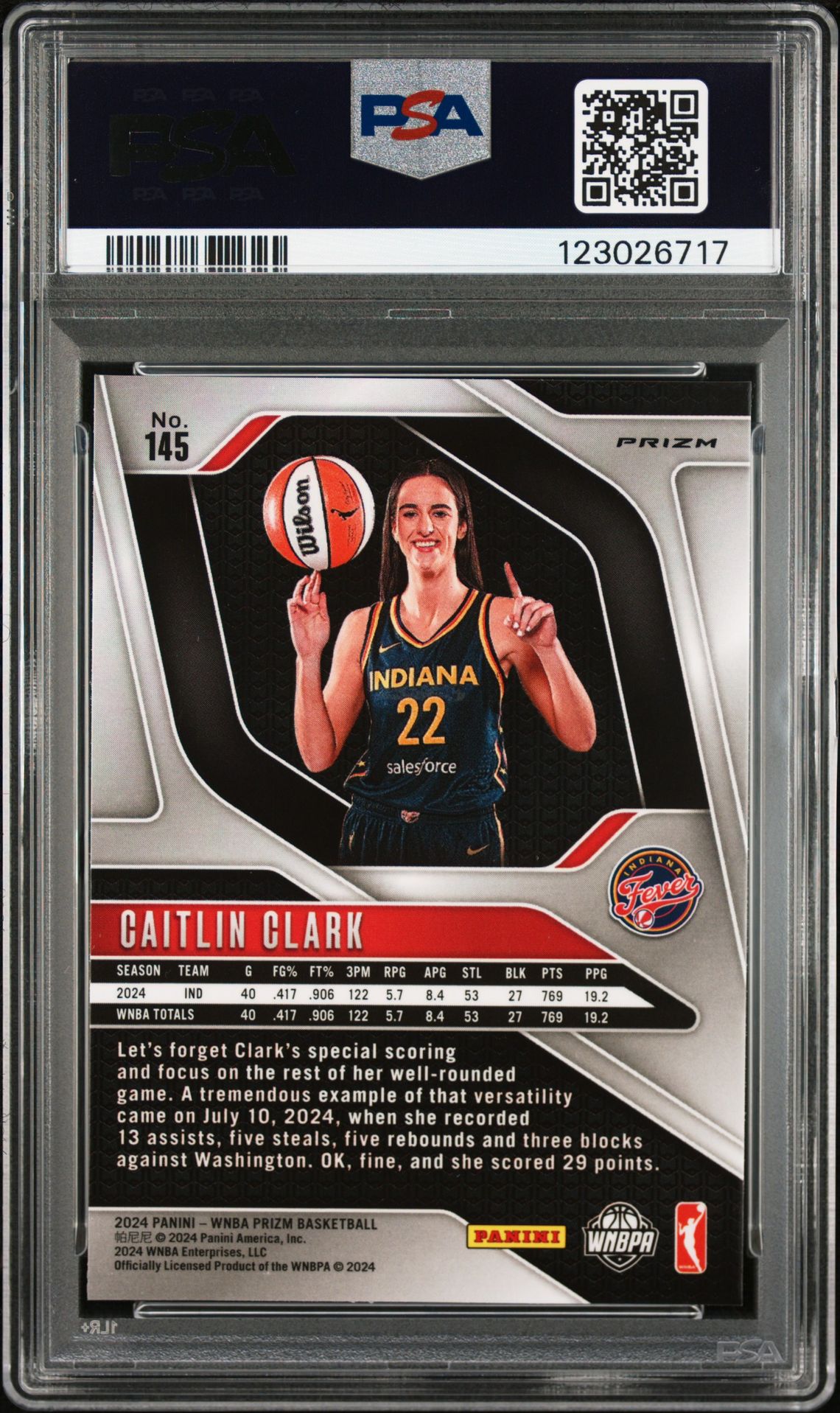2024 Panini Prizm Wnba Caitlin Clark #145 (Orange Velocity) Gem Mt 10 back