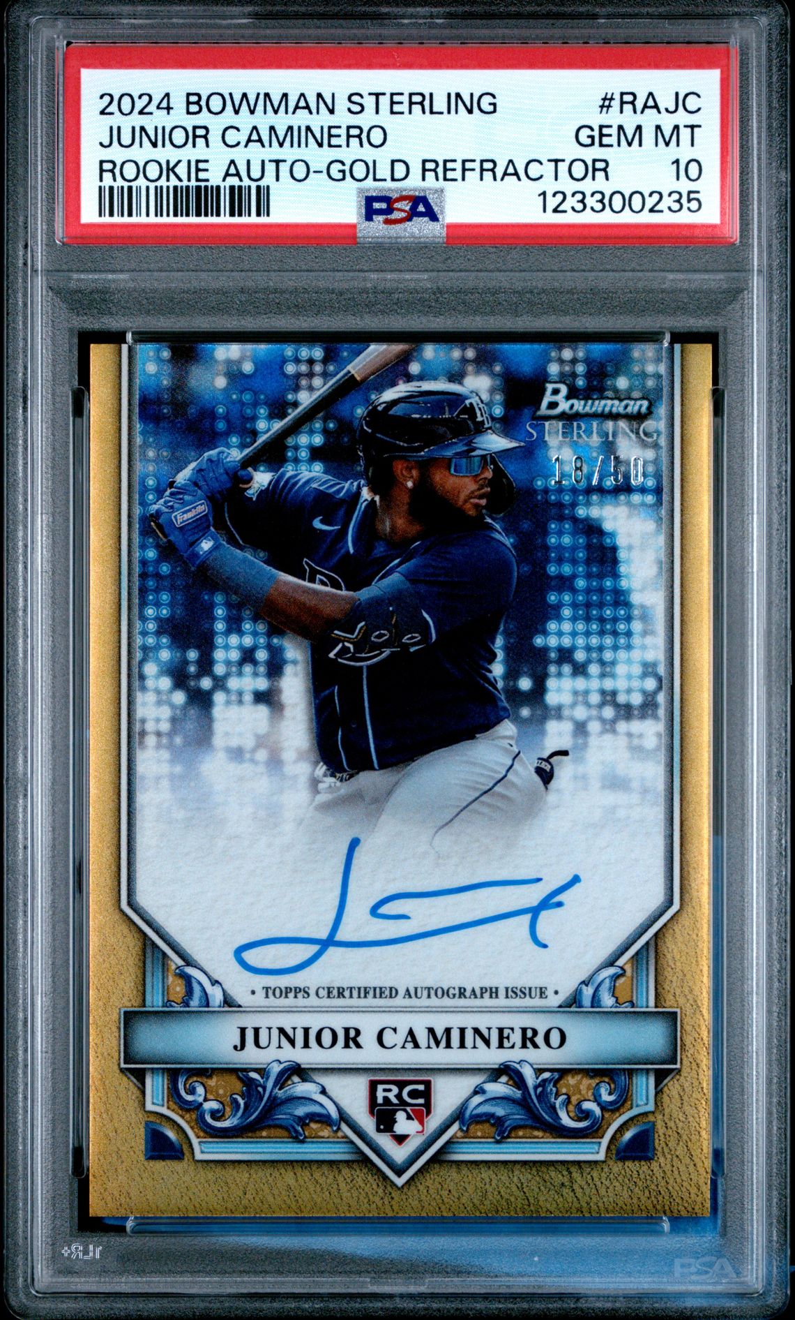 2024 Bowman BOWMAN STERLING ROOKIES AUTOGRAPHS ROOKIE AUTO-GOLD REFRACTOR #RAJC Junior Caminero front