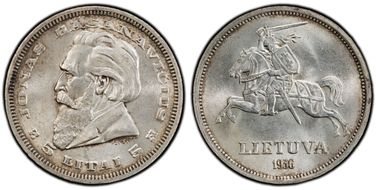 1936 5 Litai Jonas Basanavičius ↑↑ KM-82  Ag MS66