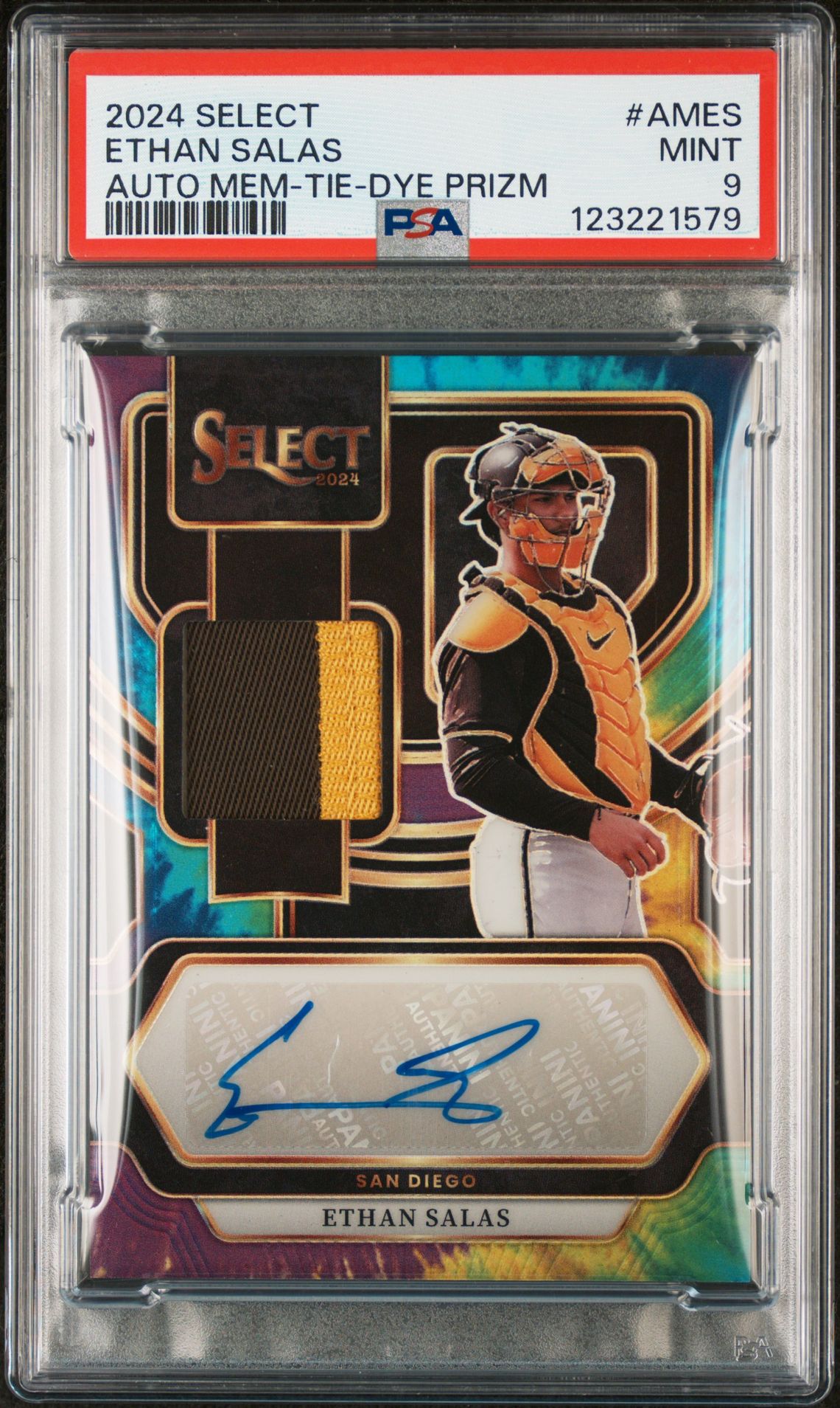 2024 Panini PANINI SELECT AUTOGRAPHED MEMORABILIA AUTO MEM-TIE-DYE PRIZM #AMES Ethan Salas front