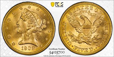 1908 $5 Liberty MS65