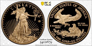 2020-W $50 Gold Eagle - v75 Privy 1 of 1945 Struck PR70DCAM