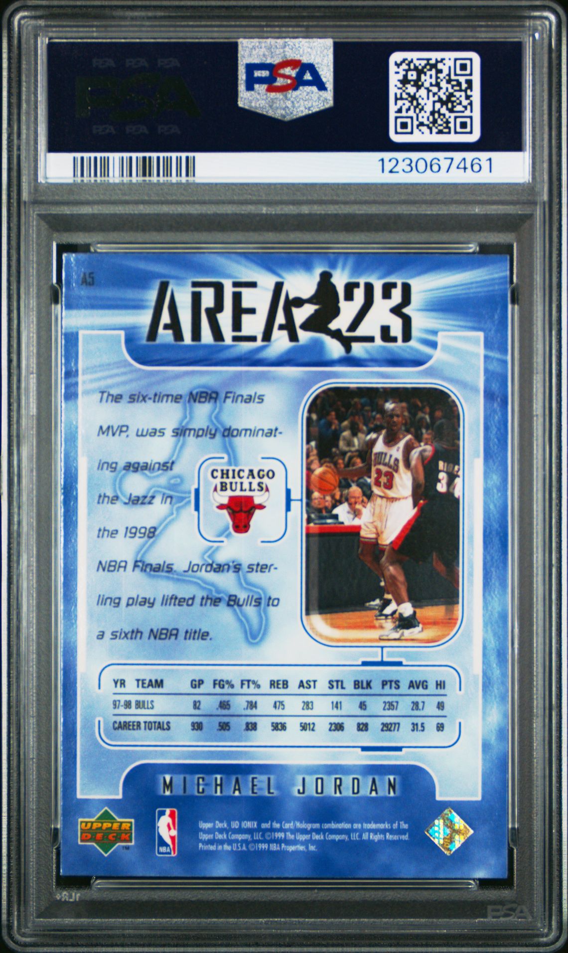 1998 Upper Deck Ionix Area 23 Michael Jordan #A5 (Area 23) Mint 9 back