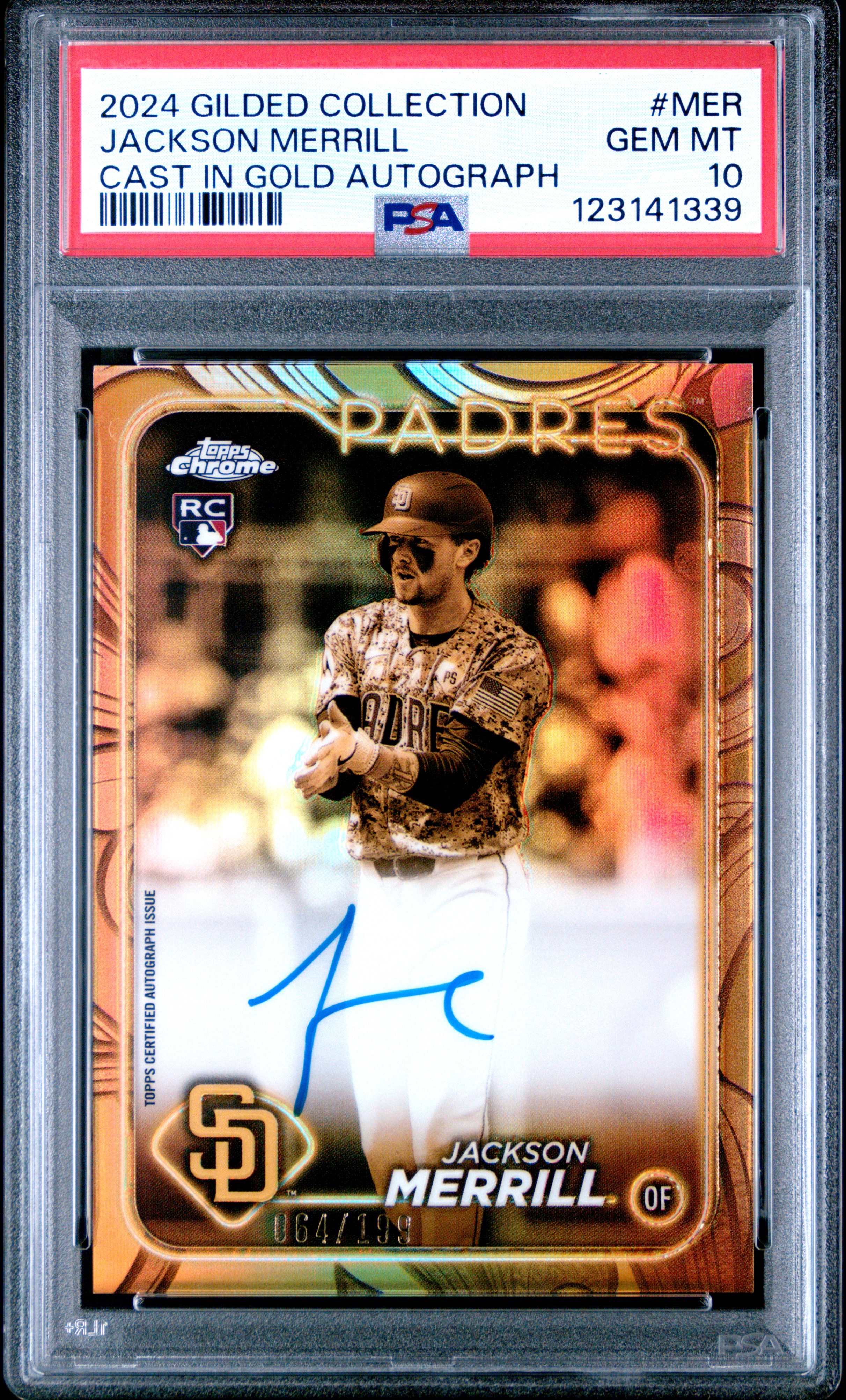 2024 Topps Gilded Collection Topps Chrome Cast in Gold Variation Autographs Jackson Merrill #MER PSA 10