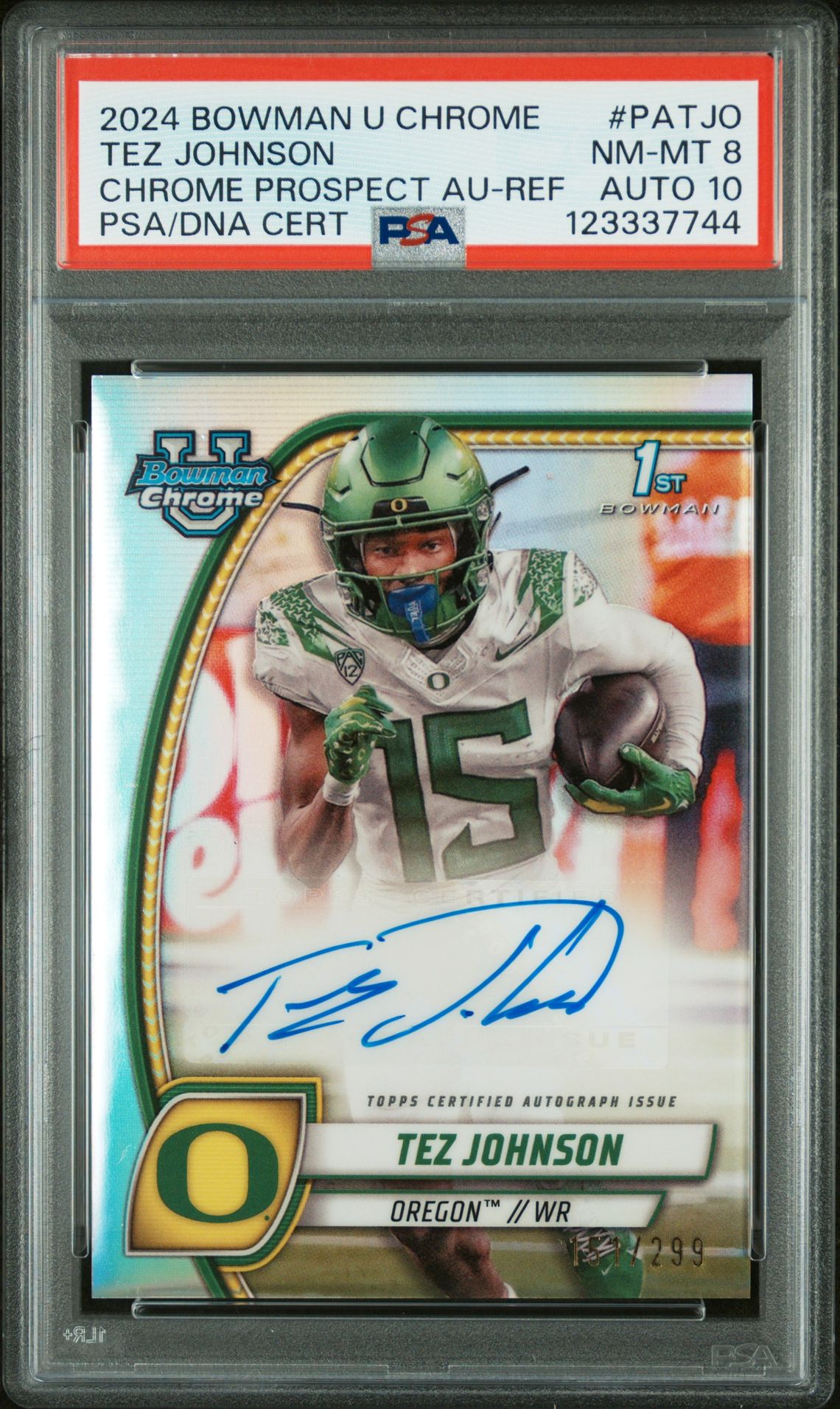 2024 Bowman BOWMAN UNIVERSITY CHROME BOWMAN CHROME PROSPECT AUTOGRAPHS REF #PATJO Tez Johnson front