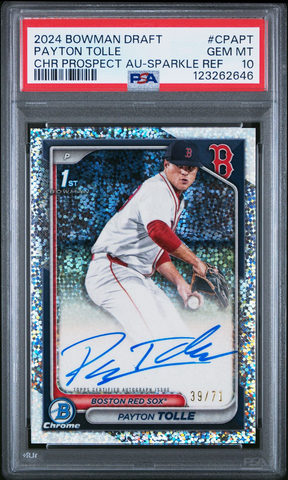 2024 Bowman BOWMAN DRAFT CHROME PROSPECT AUTOGRAPHS CHR PROSPECT AU-SPARKLE REF #CPAPT Payton Tolle front