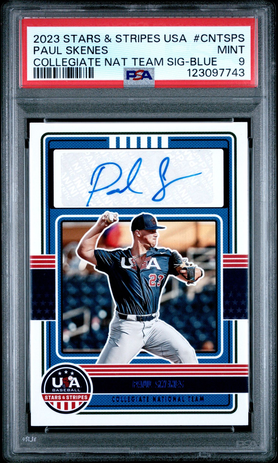 2023 Panini PANINI STARS & STRIPES USA COLLEGIATE NATIONAL TEAM SIGNATURES COLLEGIATE NAT TEAM SIG-BLUE #PS Paul Skenes front