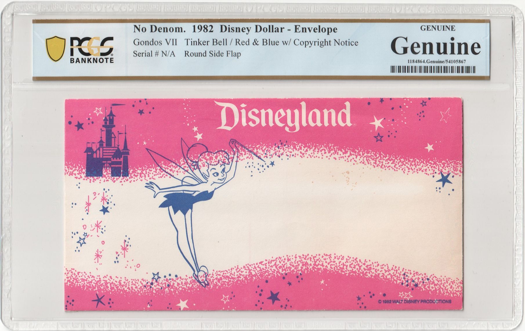 1982 Gondos VII Cover Disney Dollar Tinker Bell/Red & Blue w/Copyright Notice, Round Side Flip