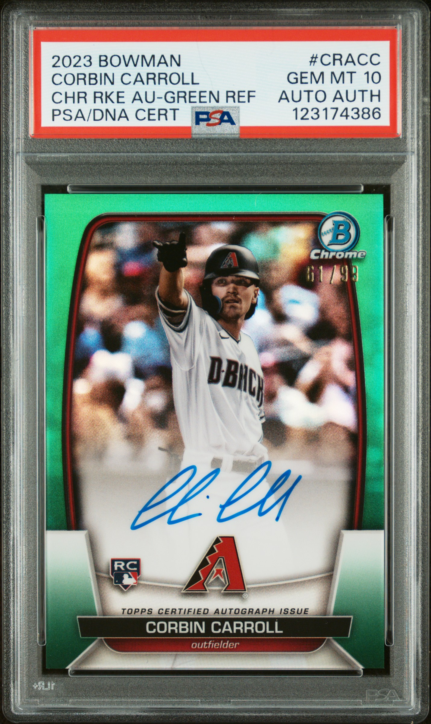 2023 Bowman Chrome Rookie Autographs Corbin Carroll Green Refractor #CRACC PSA 10 Auto AUTH