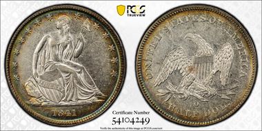 1841-O 50C WB-2R, Baseball Die Crack AU50