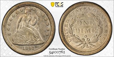 1842-O 10C Medium O, F-102 AU50